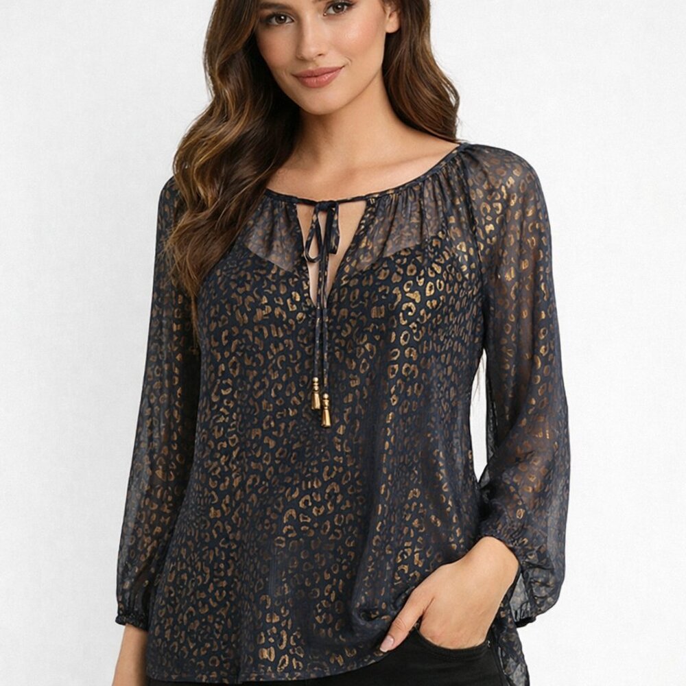 Cache Sheer Leopard Print Blouse – Gold Metallic – Size L